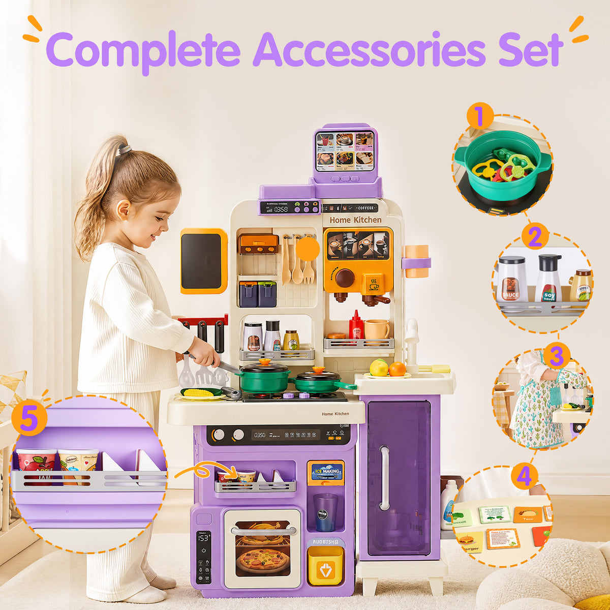 Redsmile Play Kitchen Set with Interactive Menu, Steam Stove, Ice Coffee Maker, Lights, Sounds Music, Apron Set and Food Cards,Pretend Play Toys Gifts for Kids,Purple