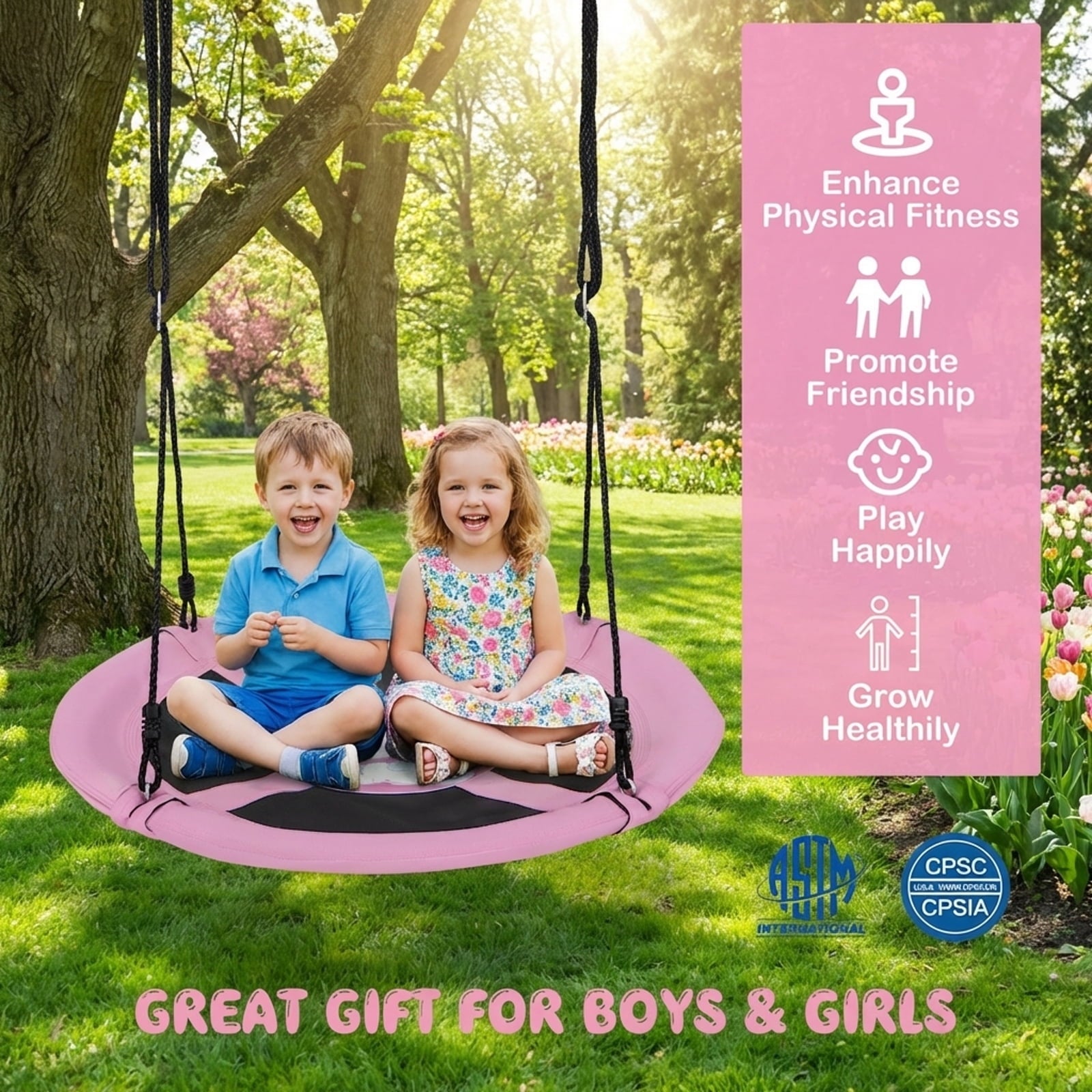 Redsmile 40 Inches Saucer Tree Swing Round with Adjustable Ropes and Carabiners - Pink - Backyard Play