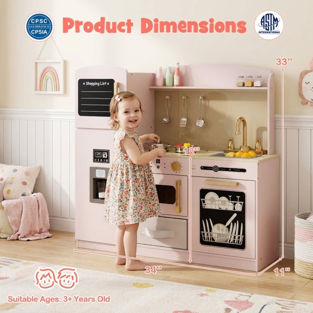 Redsmile Wooden Play Kitchen for Kids, Deluxe Pretend Kitchen with Lighted Microwave Ice Maker and Chalkboard, Toddler Kitchen Toy, Pink
