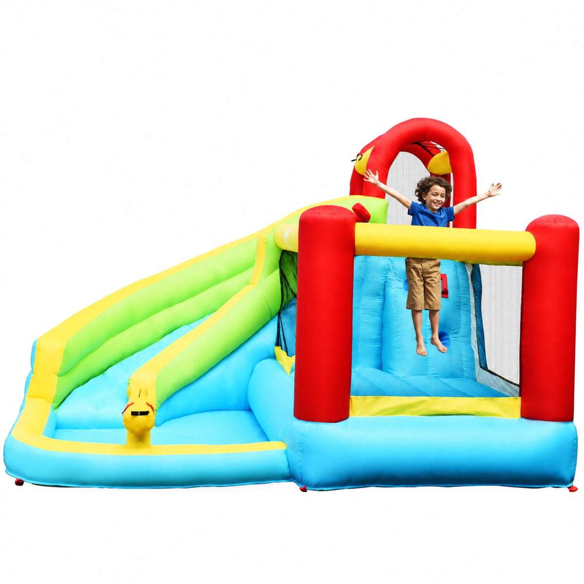 Redsmile 6-in-1 Inflatable Bounce House with Slide, Climbing Wall and Basketball Hoop, Backyard Water Slide for Kids, Splash Pool with Sprinkler for Boys Girls (Without Blower)