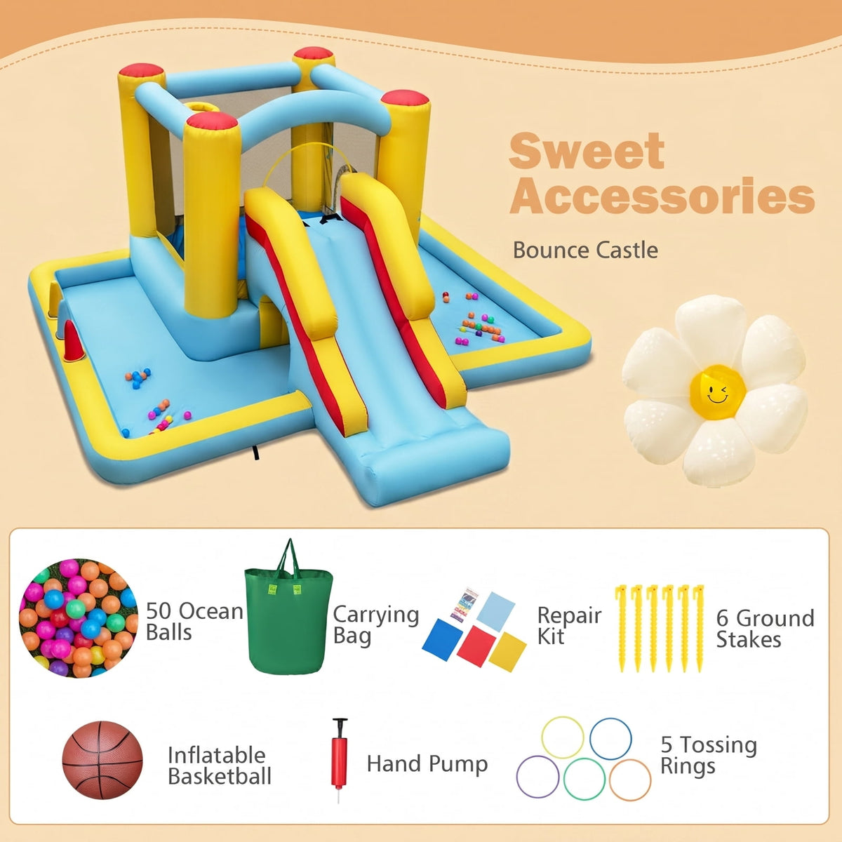 Redsmile Inflatable Bounce House 7-in-1 Bouncy Castle with Slide and Tunnel without Blower