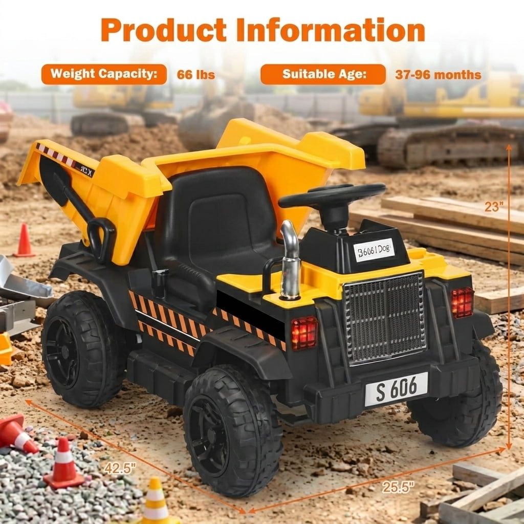 Redsmile 12V Battery Kids Ride On Dump Truck with Electric Bucket, Detachable Shovel, 2.4G Parental Remote Control, LED Lights, USB Music Toddler Toy, Yellow