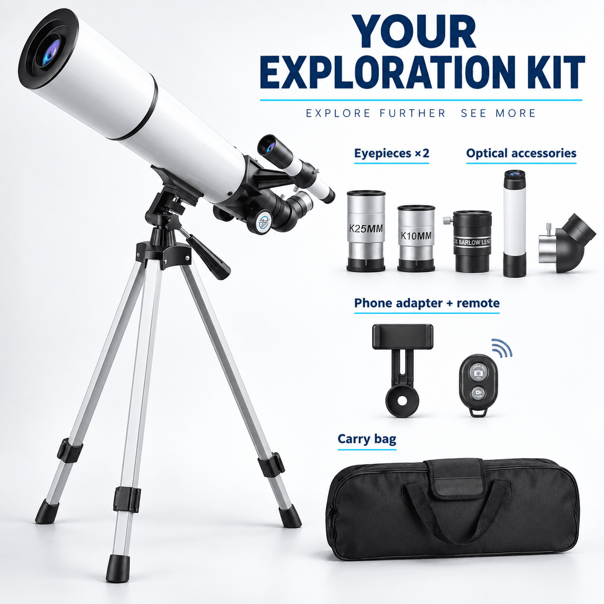 Redsmile Telescope for Adults and Kids, 80mm Aperture 500mm Refractor Telescope for Beginners, High Powered 20x to 50x Astronomy Optics, AZ Mount Tripod, Portable for Moon, Stargazing, Birding, White