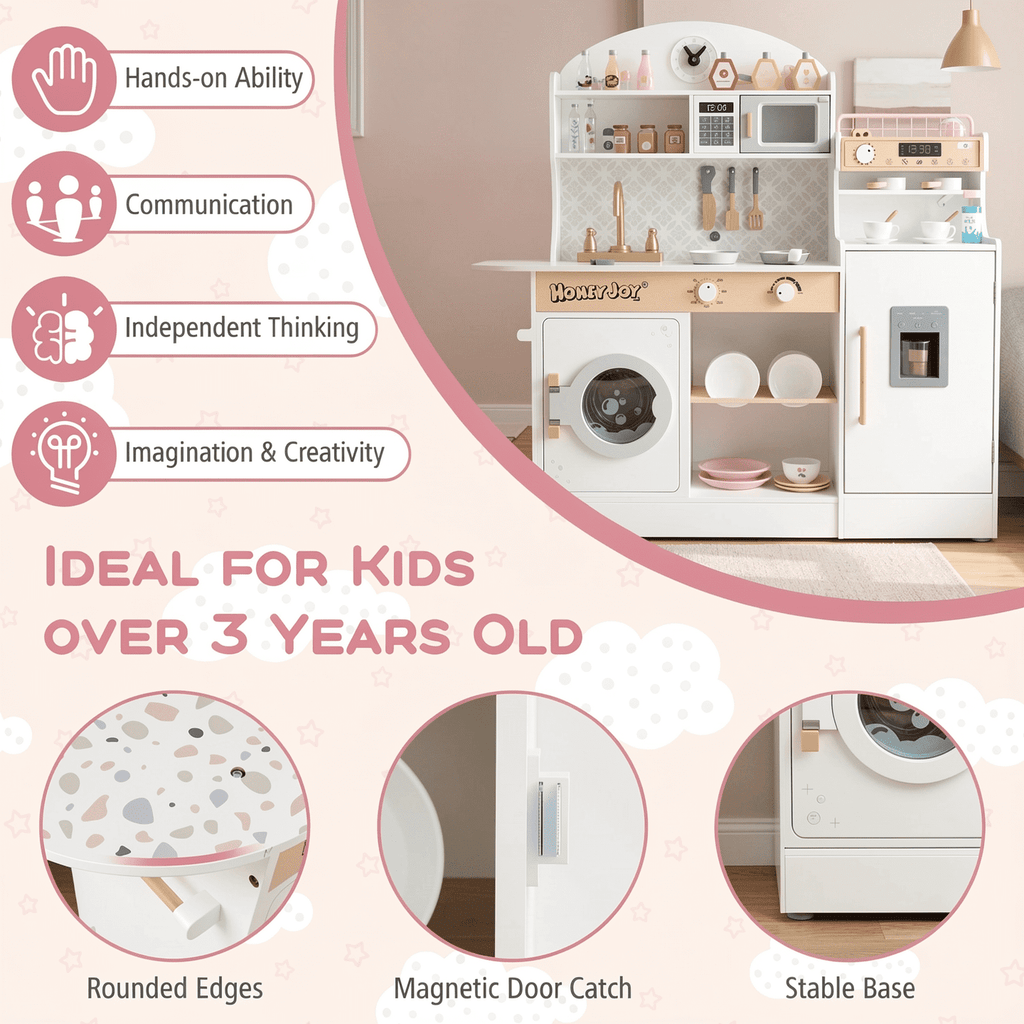 Redsmile Play Kitchen,Wooden Kids Kitchen Playset with Coffee Maker and Accessories,Pretend Play Toy with Realistic Lights and Sounds,Gift for Girls Boys Ages 3-10,White