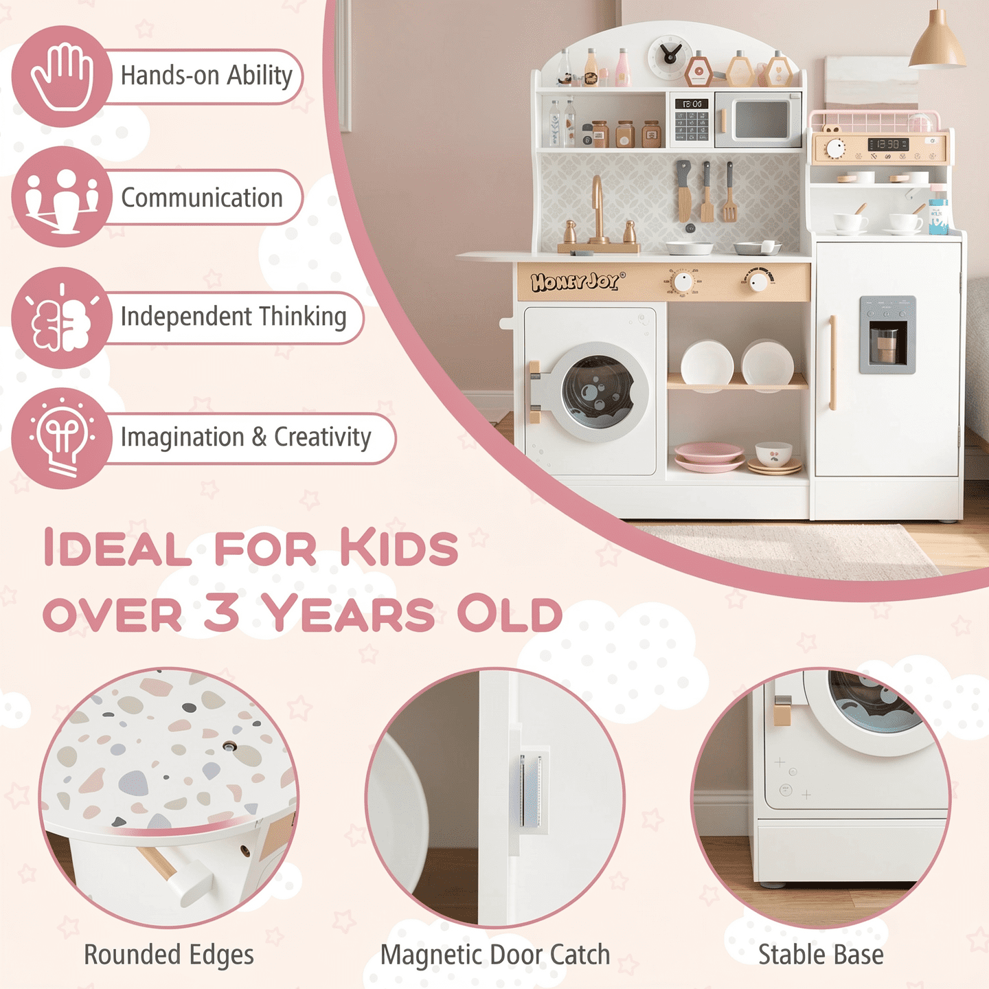 Redsmile Play Kitchen,Wooden Kids Kitchen Playset with Coffee Maker and Accessories,Pretend Play Toy with Realistic Lights and Sounds,Gift for Girls Boys Ages 3-10,White