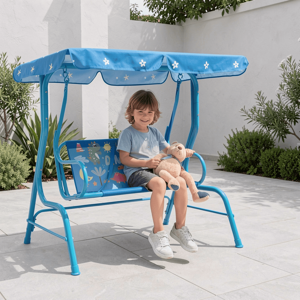 Redsmile 2-Seater Kids Patio Swing with Metal Stand and Adjustable Canopy - Blue - Backyard Play - Outdoor Fun