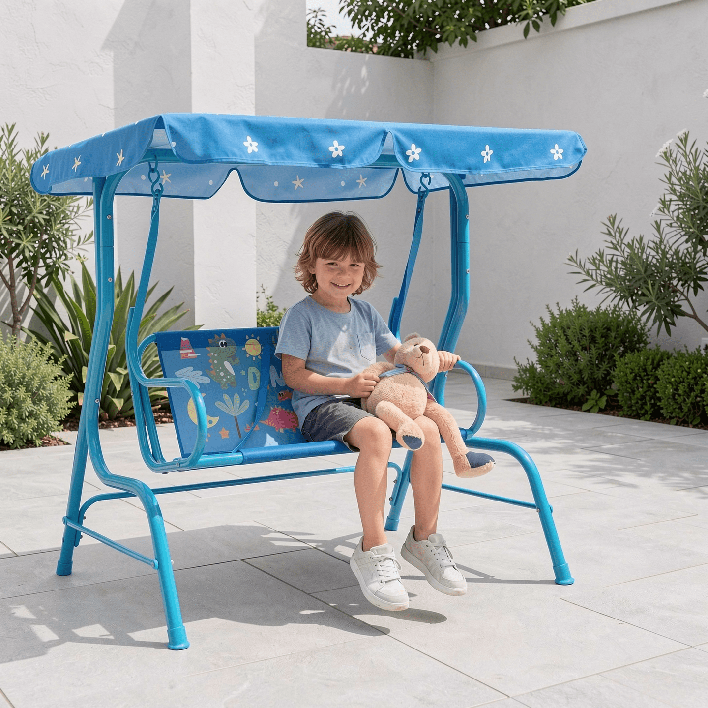 Redsmile 2-Seater Kids Patio Swing with Metal Stand and Adjustable Canopy - Blue - Backyard Play - Outdoor Fun