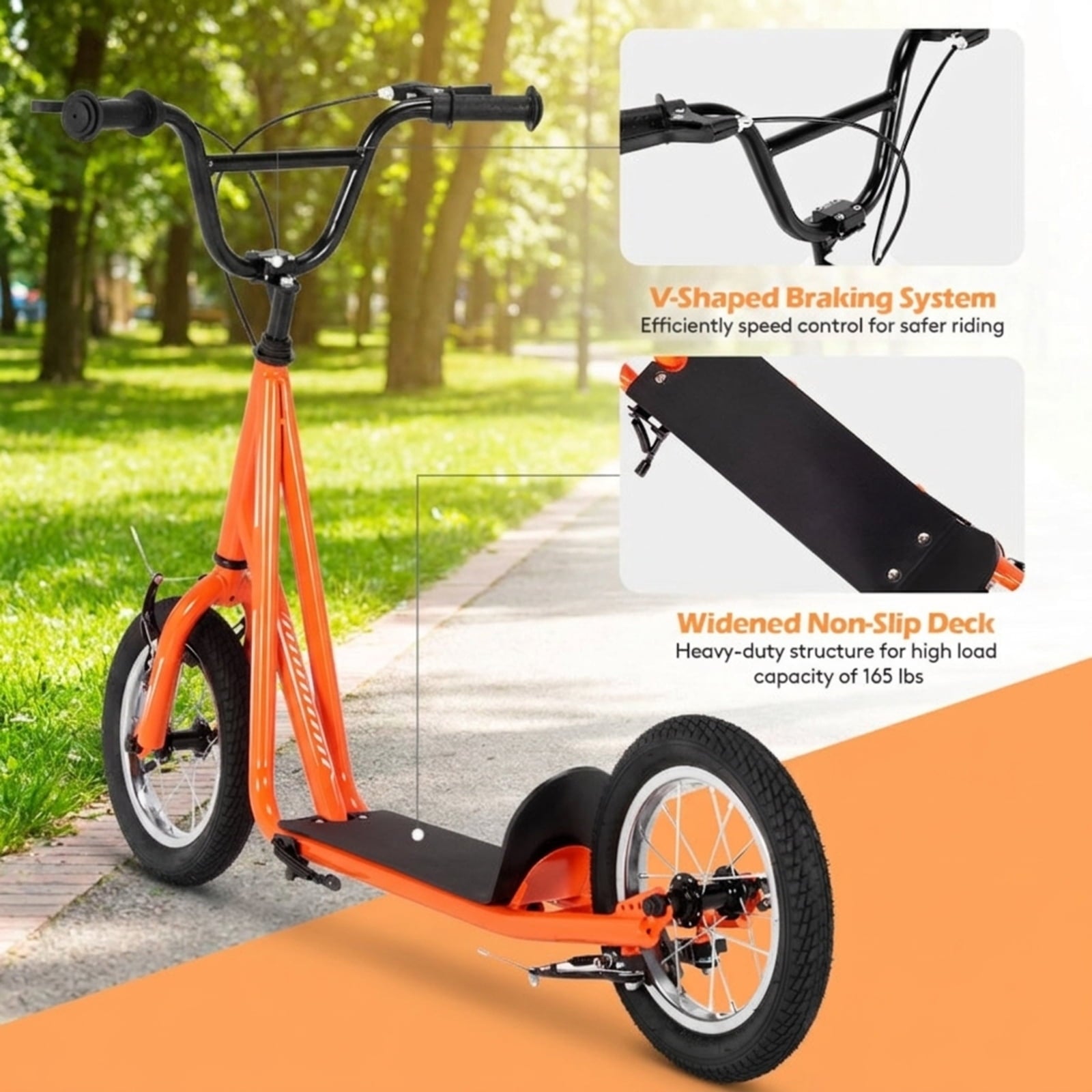 Redsmile Kids Scooter with 12 Inch Air Wheel, Height Adjustable Kick Scooter Holds 165 lb for Big Kids and Teens, Orange