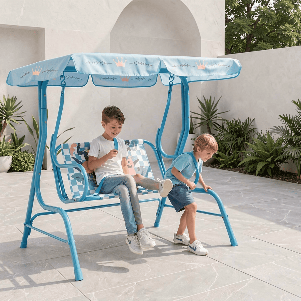 Redsmile 2-Seater Kids Patio Swing with Metal Stand and Adjustable Canopy - Navy Blue - Backyard Play