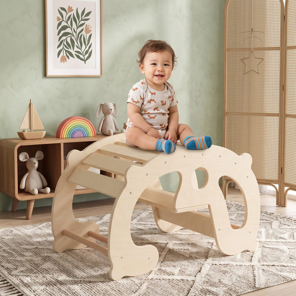 Redsmile 2-in-1 Rocking Horse Arch for Kids Montessori Climbing Toys with Arch Climber for Kids 1+ Years Old, Natural