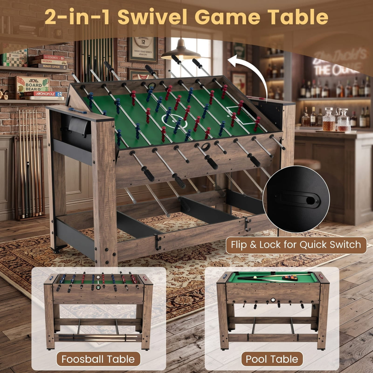 Redsmile 2-in-1 Swivel Foosball and Pool Combo Game Table for Game Room Family Fun Indoor Play Natural