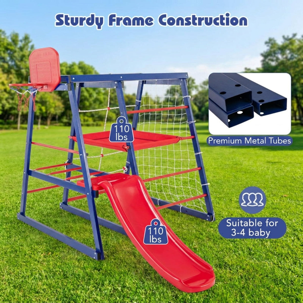 Redsmile 7-in-1 Metal Toddler Climbing Toys for Ages 3-7, Kids Indoor Playground Jungle Gym with Slide, Climbing Net and Rope Ladder, Montessori Climber, Christmas Gift, Red and Blue