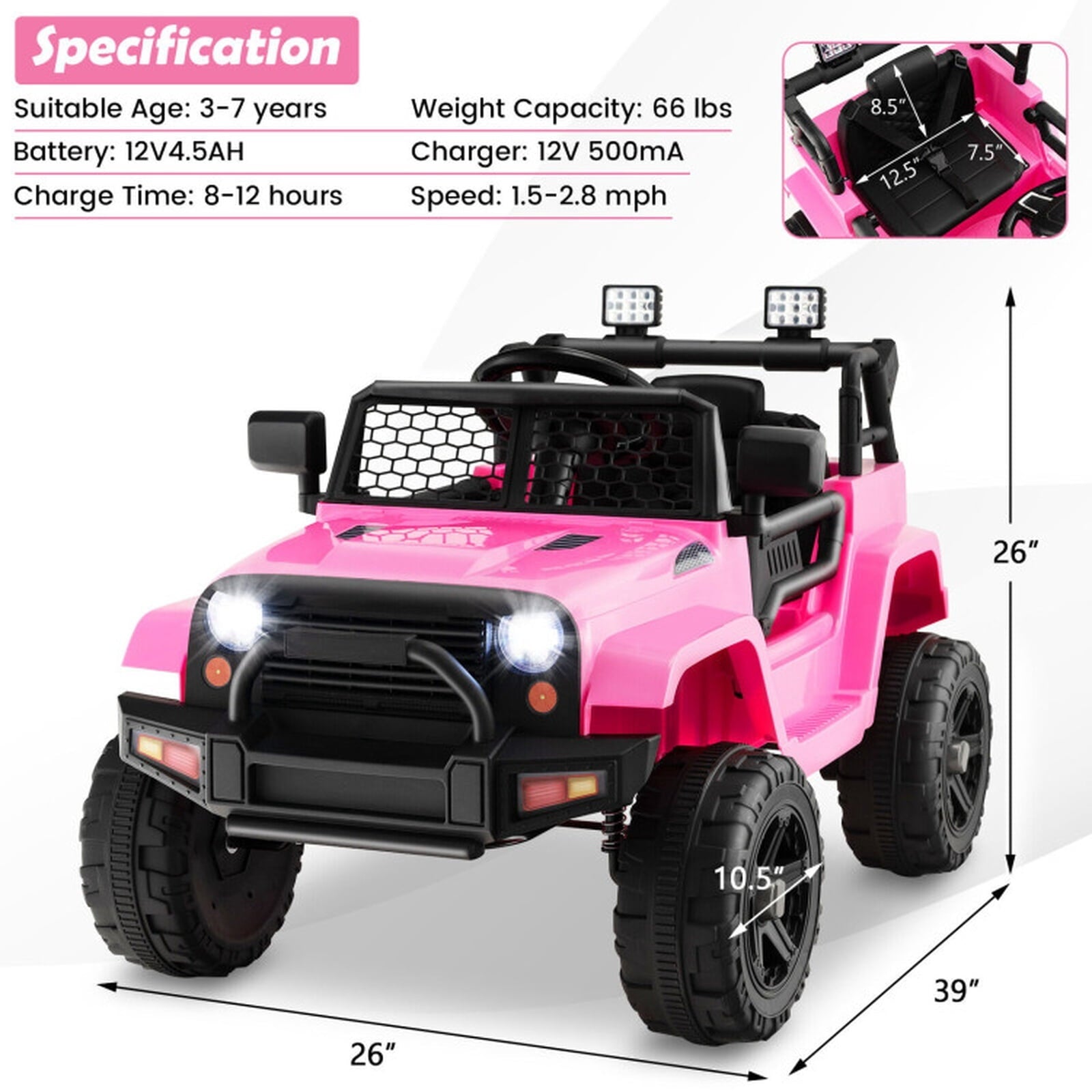 Redsmile 12V Kids Ride On Truck with Parental Remote Control, Battery Powered Electric Pickup with LED Headlights, Seat Belt, Lockable Doors, USB AUX, Spring Suspension Wheels, Pink