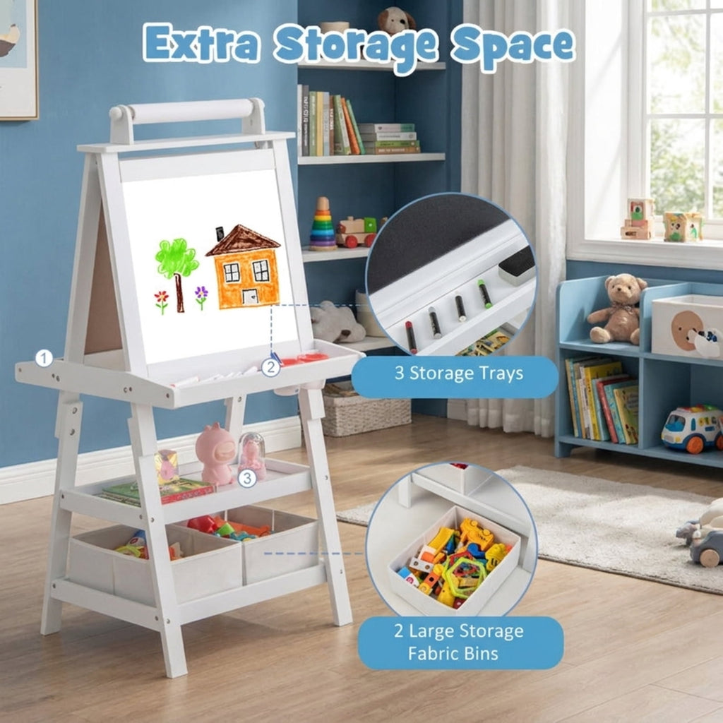 Redsmile 3-in-1 Kids Art Easel for Toddlers 3+ Years, Double-Sided Standing Easel with Whiteboard, Chalkboard and Paper Roll, Storage Shelves, Fabric Bins and Paint Cups, Christmas Gift, White