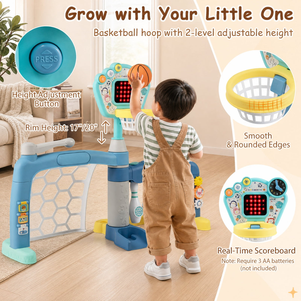 Redsmile 5-in-1 Toddler Sports Toy with Adjustable Basketball Hoop, Baby Sports Center with Soccer Golf Baseball Bowling for Baby Boys Girls 18 Months+, Lights Music, Multicolor