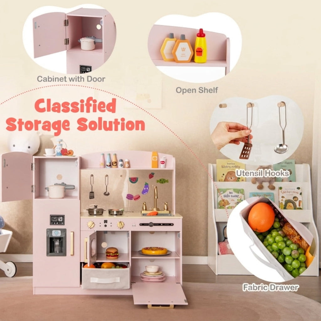 Redsmile Wooden Play Kitchen for Kids, Deluxe Pretend Kitchen with Lighted Microwave Ice Maker and Chalkboard, Toddler Kitchen Toy, Pink