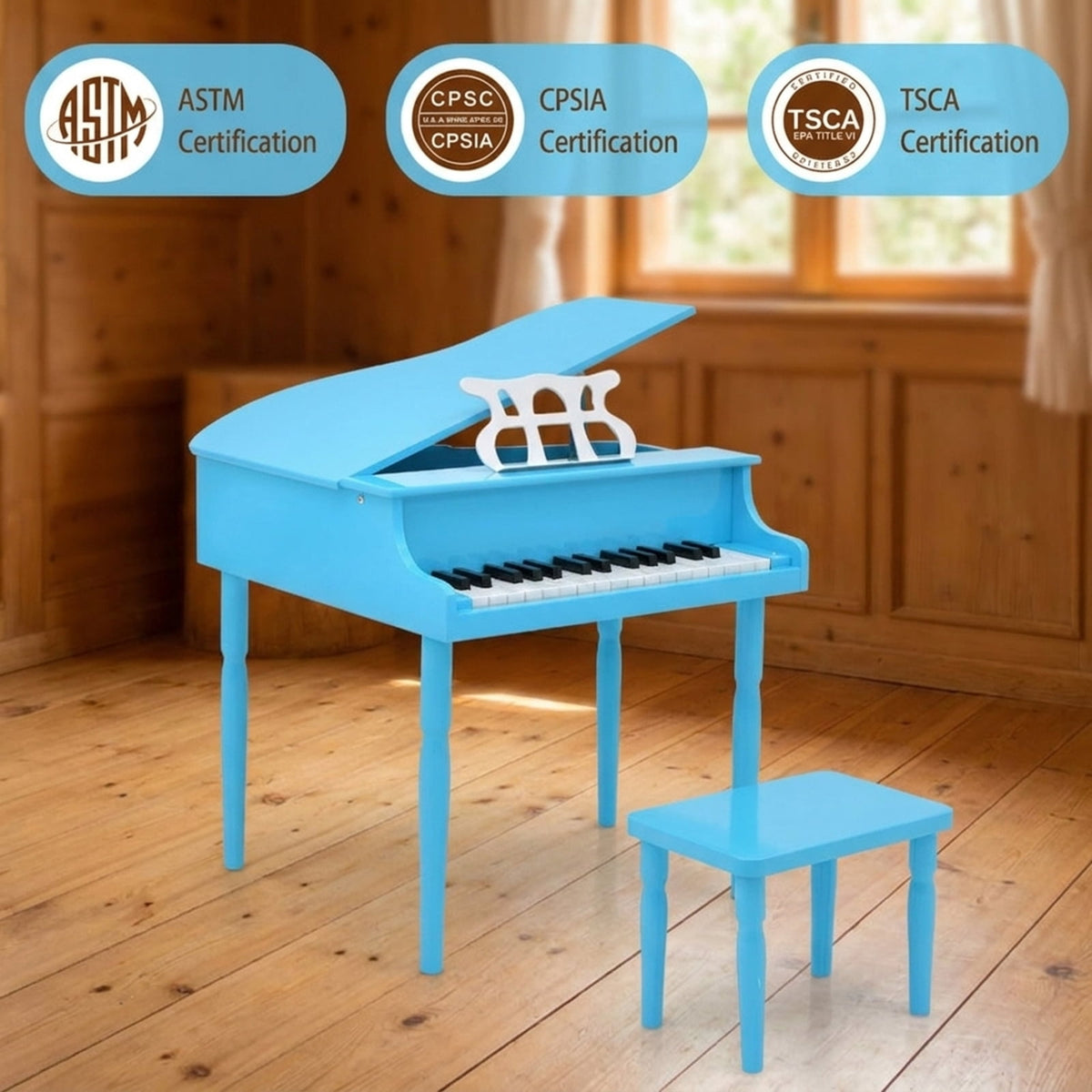 Redsmile 30-Key Wooden Kids Grand Piano Toy with Bench and Music Rack for Toddlers and Beginners, Multicolor