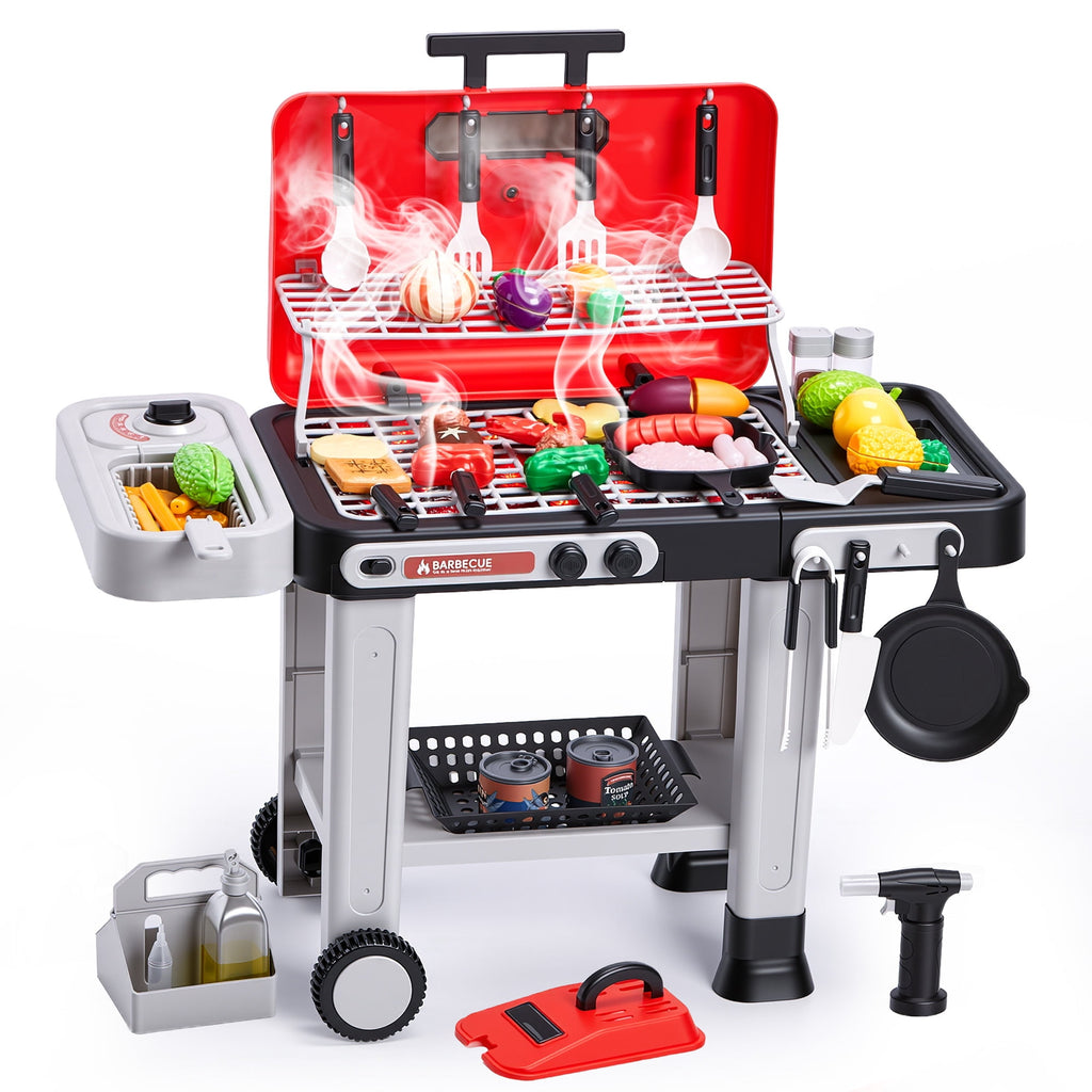 Redsmile Kids BBQ Grill Toy with Spray Light and Sound, Color-Changing Play Food Set, Pretend Play Kitchen Toy for Boys Girls