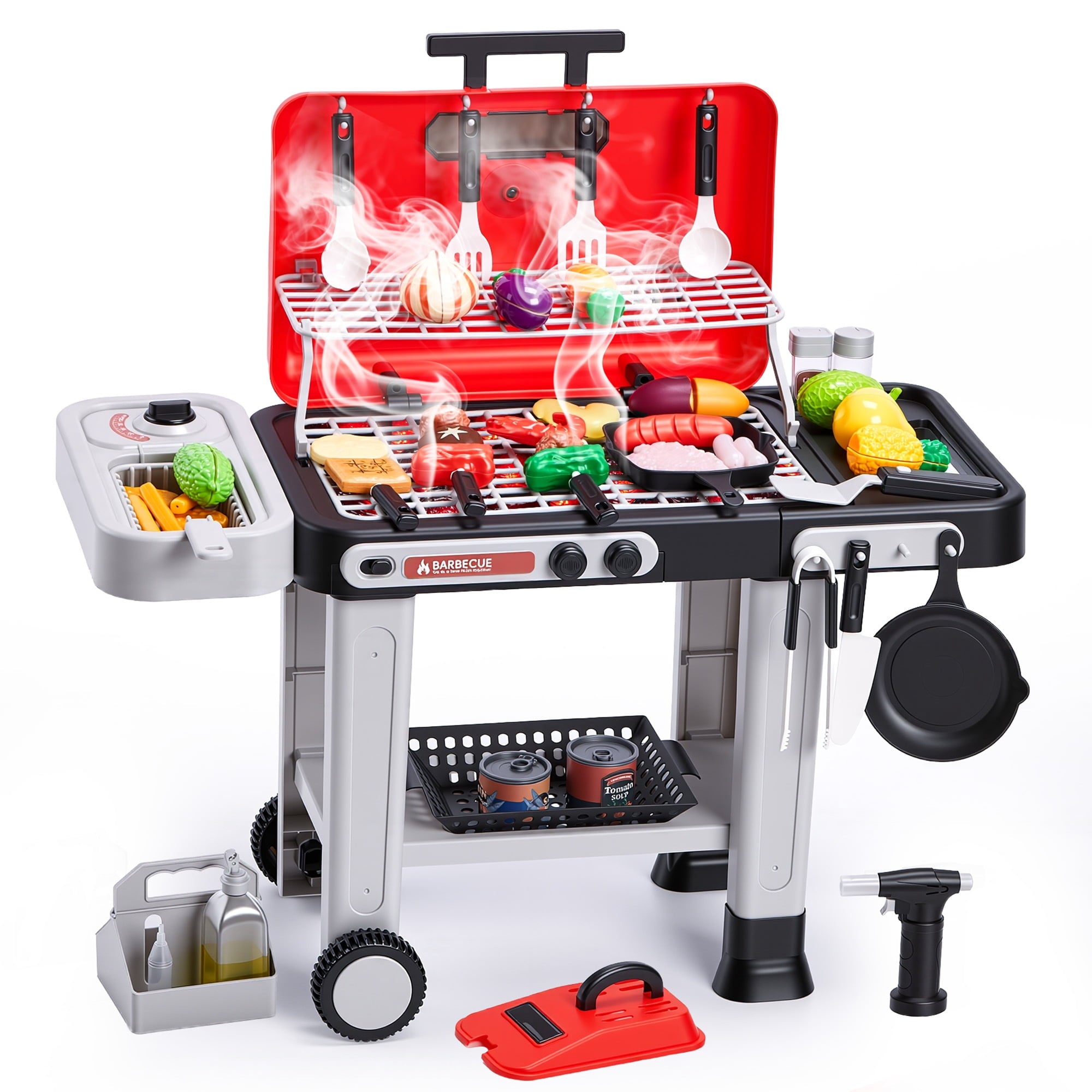 Redsmile Kids BBQ Grill Toy with Spray Light and Sound, Color-Changing Play Food Set, Pretend Play Kitchen Toy for Boys Girls