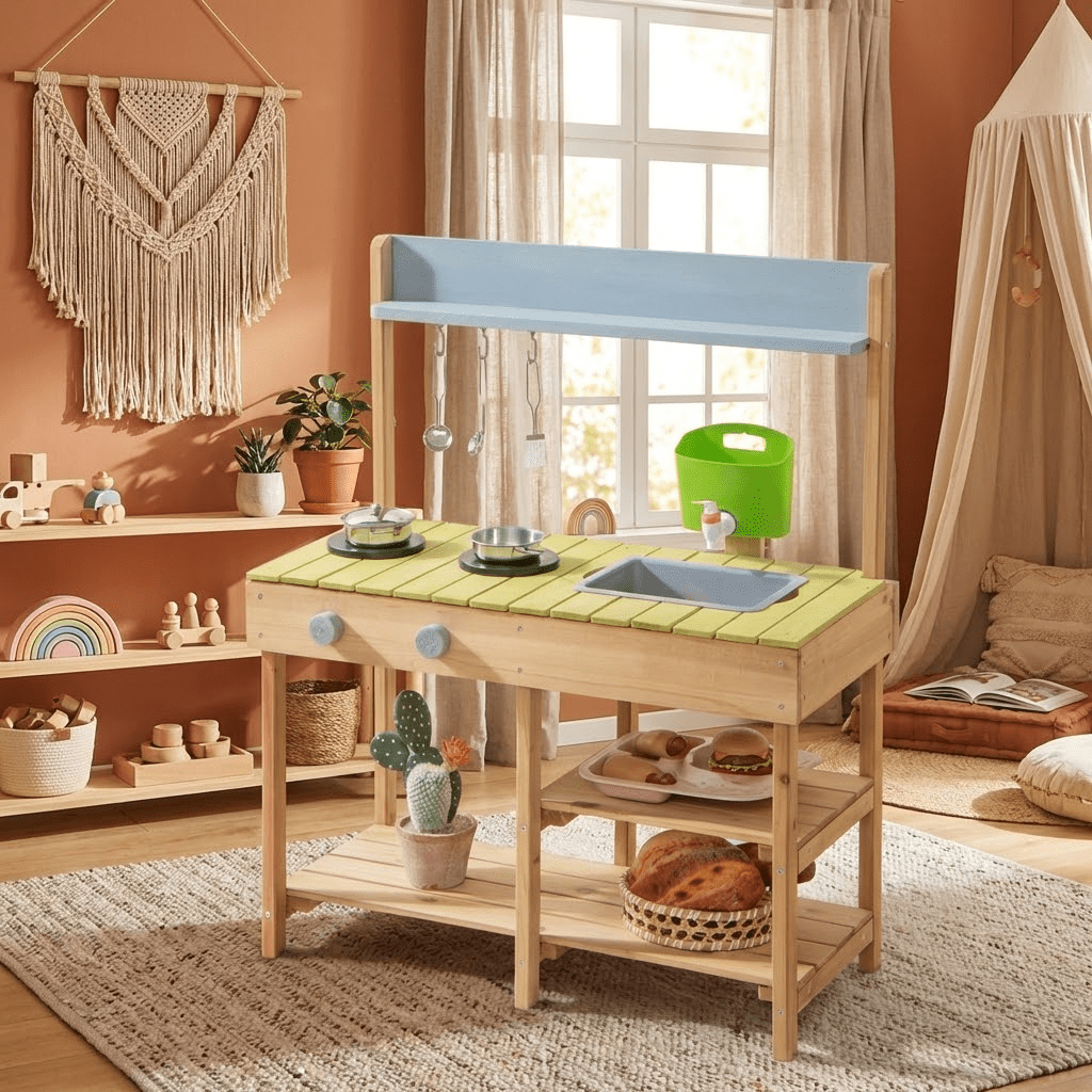 Redsmile Play Kitchen,Wooden Kids Kitchen Playset with Stove Top,Pretend Play Toy Kitchen Gift for Girls Boys Ages 3-10,Multicolor