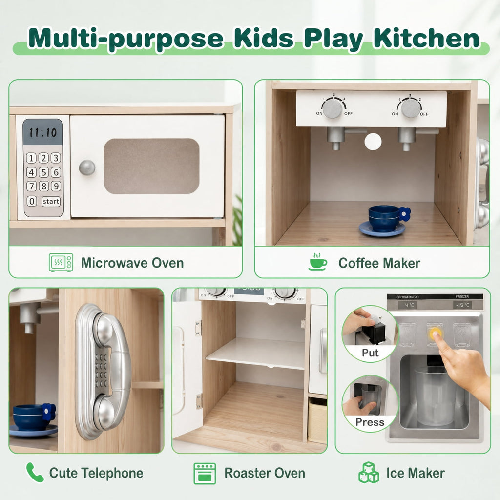 Redsmile Kids Play Kitchen Set for Toddlers 3+ Years, Pretend Play Kitchen Playset with Remote-Adjustable LED Lights, Working Coffee Maker, Ice Maker, Removable Fabric Bins and Sink, White