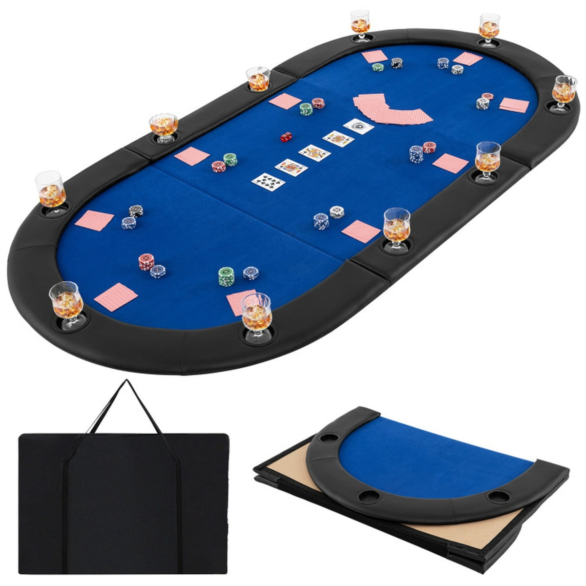 Redsmile 84 x 42 Inch 10-Player Foldable Poker Table Top, Portable Padded Card Game Table Topper with 10 Cup Holders and Carrying Bag, Folding Poker Table Top for Home Party, Blue