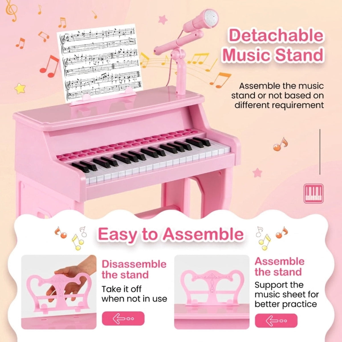 Redsmile 37-Key Kids Piano Keyboard with Microphone and Stool for Toddlers and Beginners Ages 3 and Up, Pink