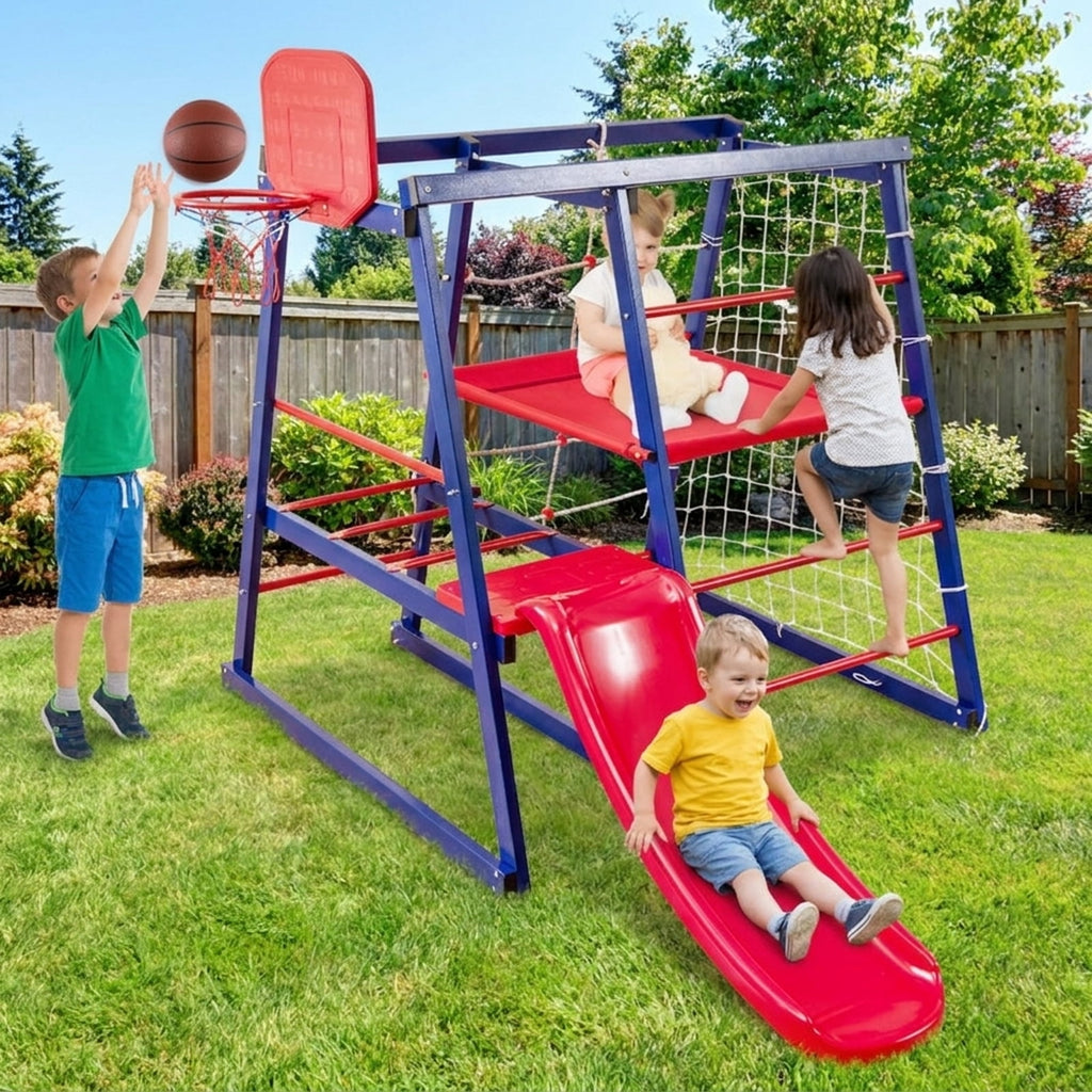Redsmile 7-in-1 Metal Toddler Climbing Toys for Ages 3-7, Kids Indoor Playground Jungle Gym with Slide, Climbing Net and Rope Ladder, Montessori Climber, Christmas Gift, Red and Blue