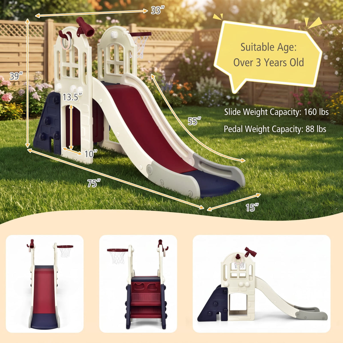 Redsmile 6-In-1 Large Slide for Kids Toddler Climber Slide Playset with Basketball Hoop for Kids 3+ Years Old, Blue