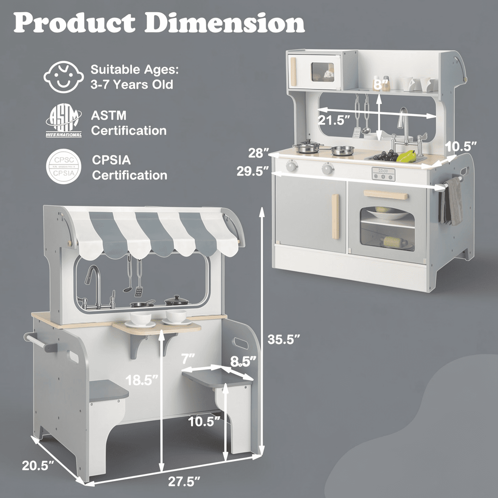 Redsmile Double-sided Pretend Play Kitchen,Wooden Kids Kitchen Playset with 2-Seat Cafe,Microwave,Oven,with Realistic Lights and Sounds,Gift for Girls Boys Ages 3-10,Gray