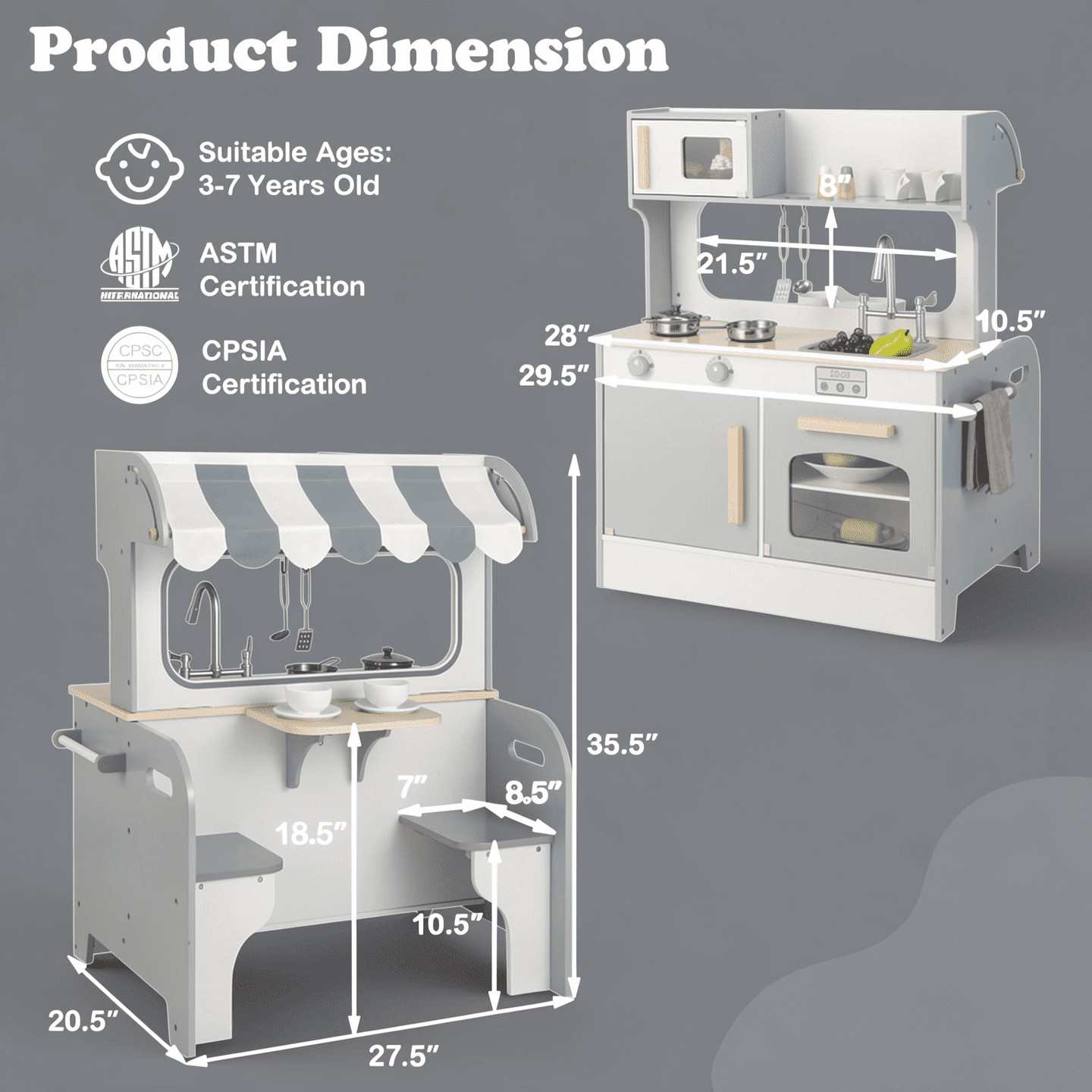 Redsmile Double-sided Pretend Play Kitchen,Wooden Kids Kitchen Playset with 2-Seat Cafe,Microwave,Oven,with Realistic Lights and Sounds,Gift for Girls Boys Ages 3-10,Gray