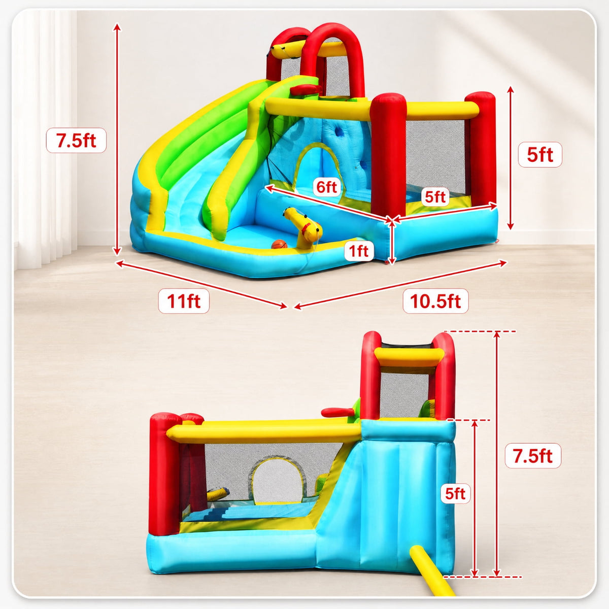 Redsmile 6-in-1 Inflatable Bounce House with Slide, Climbing Wall and Basketball Hoop, Backyard Water Slide for Kids, Splash Pool with Sprinkler for Boys Girls (Without Blower)