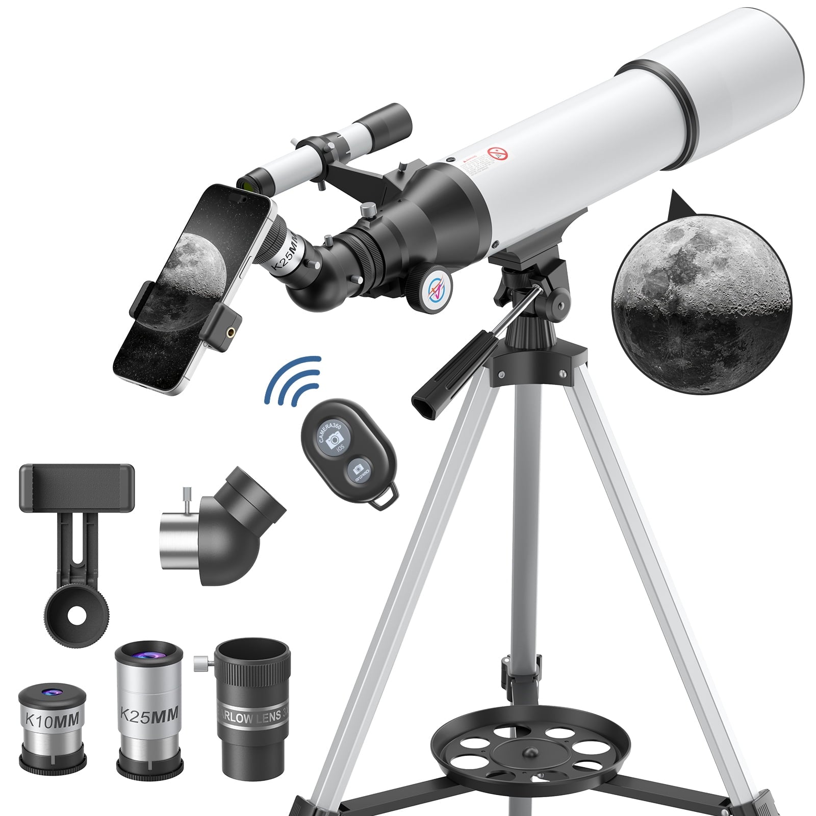 Redsmile Telescope for Adults Astronomy Beginners80mm Aperture 500mm Refractor Telescope with AZ Mount Tripod and 2 Eyepieces20x to 50x Magnification for Moon ViewingWhite
