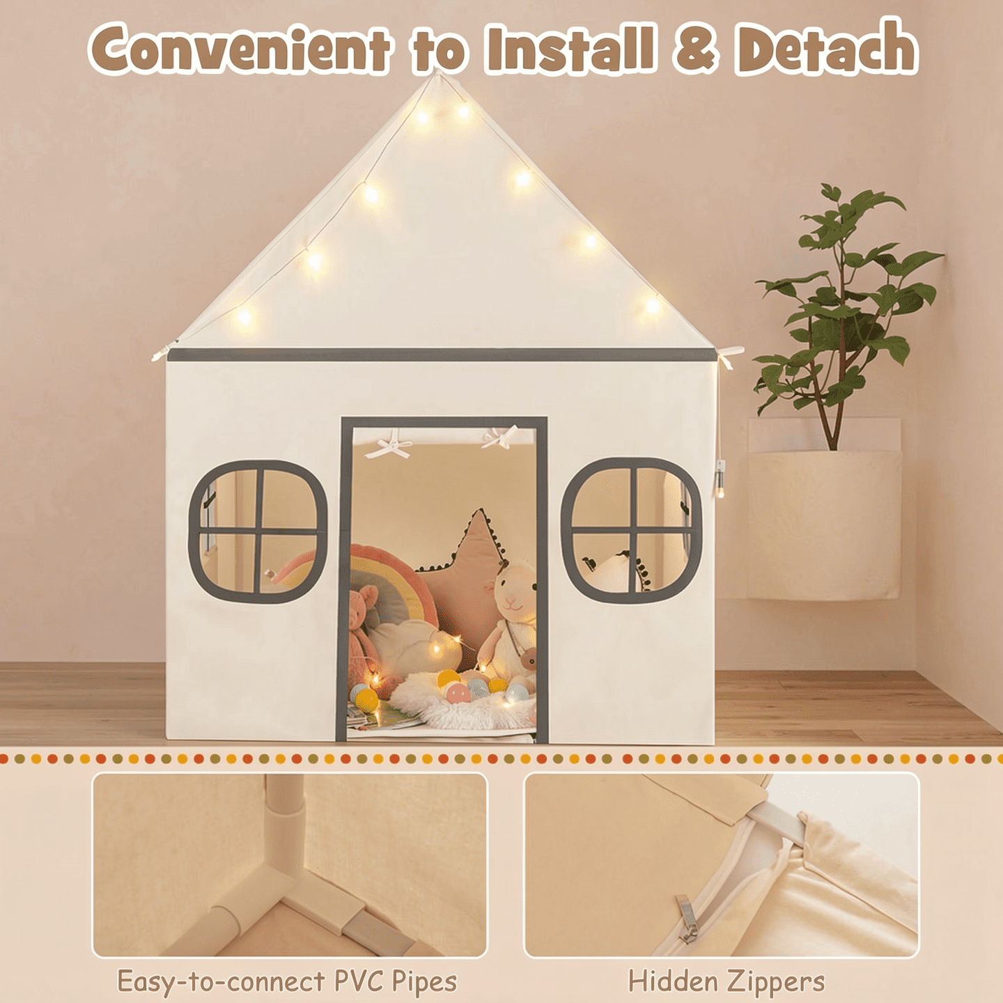 Redsmile Kids Play Tent Large Playhouse for Indoor Outdoor with Star Lights Door Curtain and Windows,Children Tent Play Equipment Gift for Girls Boys,Beige