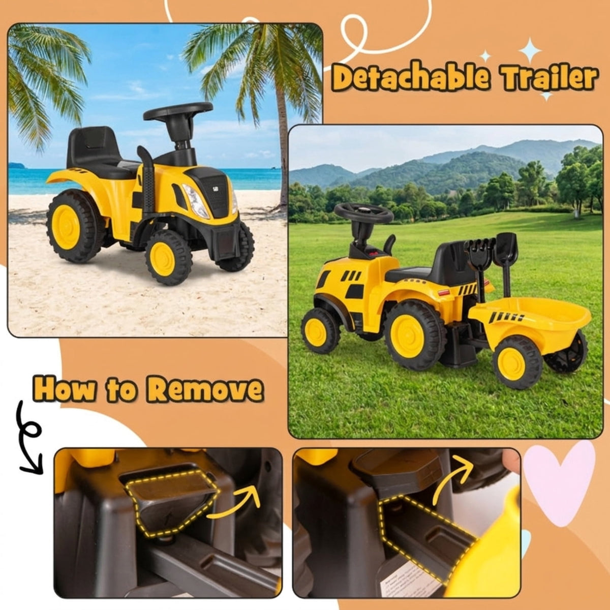 Redsmile Kids Ride On Tractor Push Foot-to-Floor Toddler Ride On Toy for Ages 1.5-3, Caterpillar-Styled with Detachable Trailer, Rake and Shovel, Holds 55 lbs, Yellow