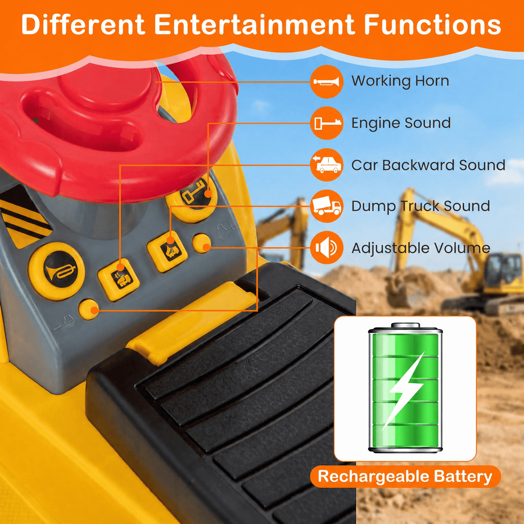Redsmile 12V Battery Powered Kids Ride On Dumper Truck with Working Front Loader, Tipping Bucket, Safety Belt, High Low Speed, Pedal Powered Construction Toy, Yellow