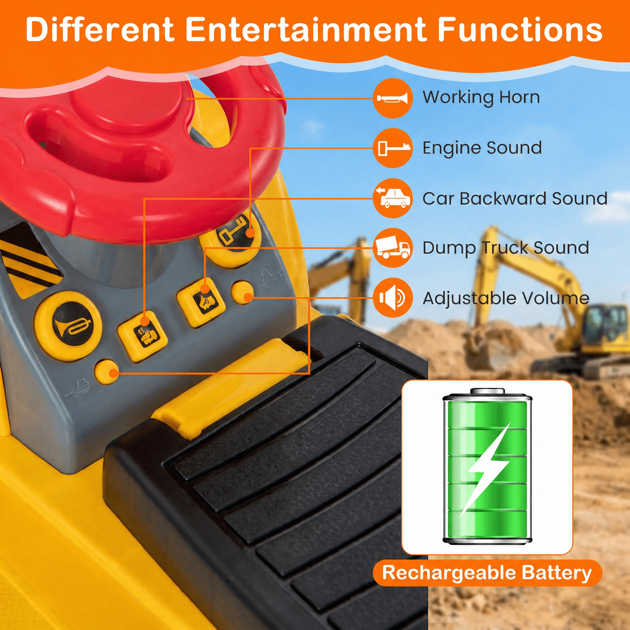 Redsmile 12V Battery Powered Kids Ride On Dumper Truck with Working Front Loader, Tipping Bucket, Safety Belt, High Low Speed, Pedal Powered Construction Toy, Yellow