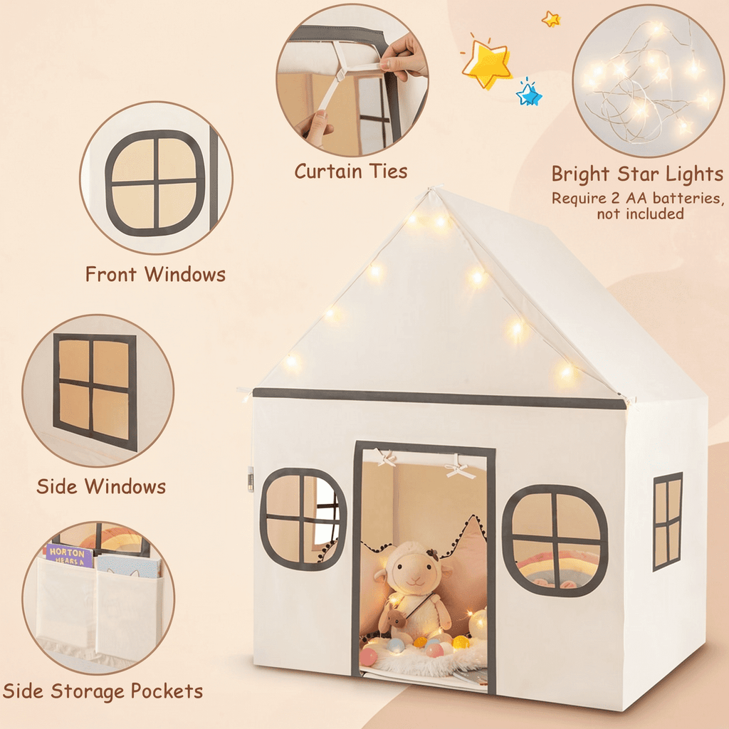 Redsmile Kids Play Tent Large Playhouse for Indoor Outdoor with Star Lights Door Curtain and Windows,Children Tent Play Equipment Gift for Girls Boys,Beige