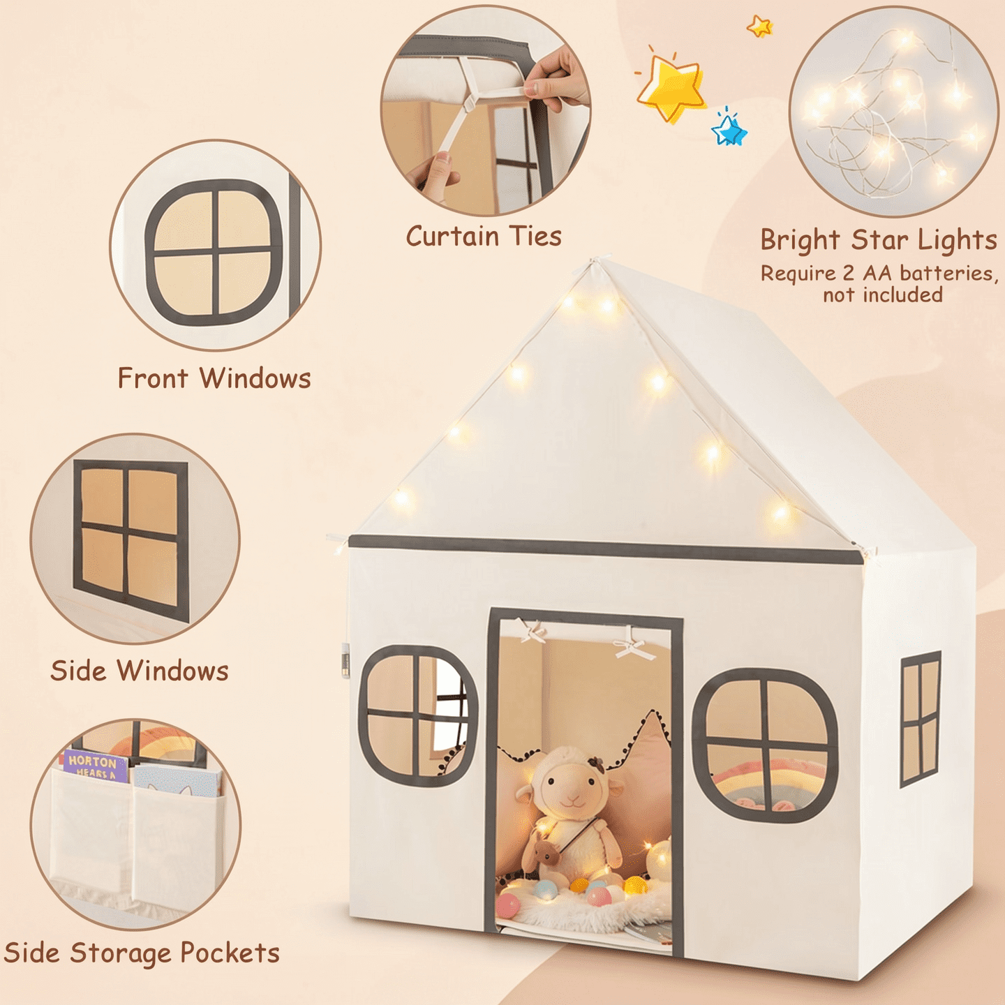 Redsmile Kids Play Tent Large Playhouse for Indoor Outdoor with Star Lights Door Curtain and Windows,Children Tent Play Equipment Gift for Girls Boys,Beige