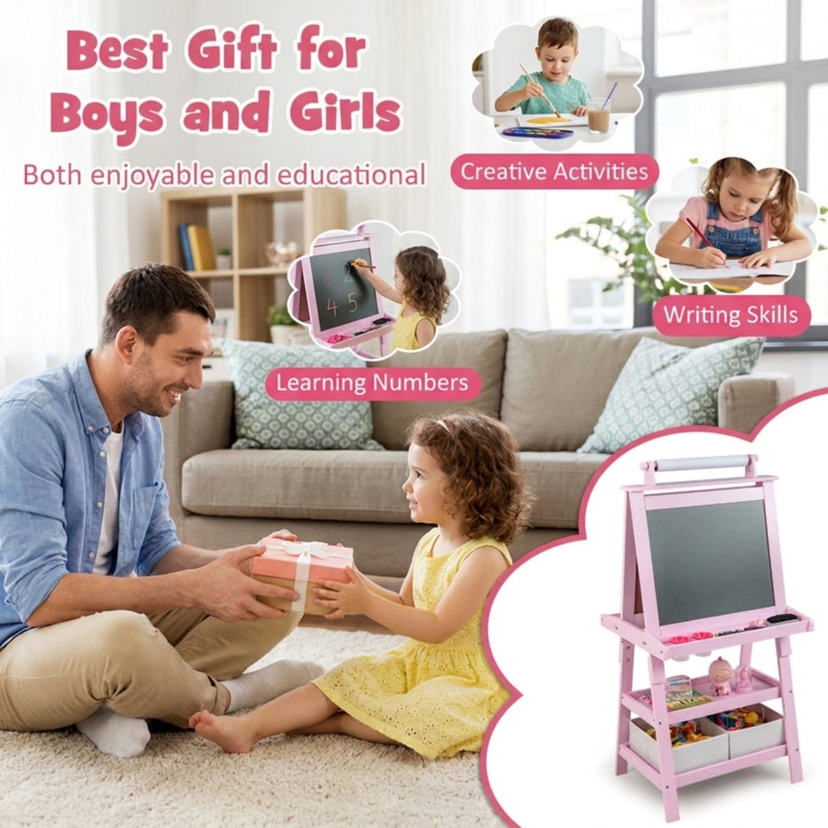 Redsmile 3-in-1 Kids Art Easel, 46 Inch Double-Sided Standing Easel with Paper Roll Whiteboard Chalkboard Storage Shelves and Paint Cups, Toddler Drawing Board for Boys Girls Ages 3+, Pink