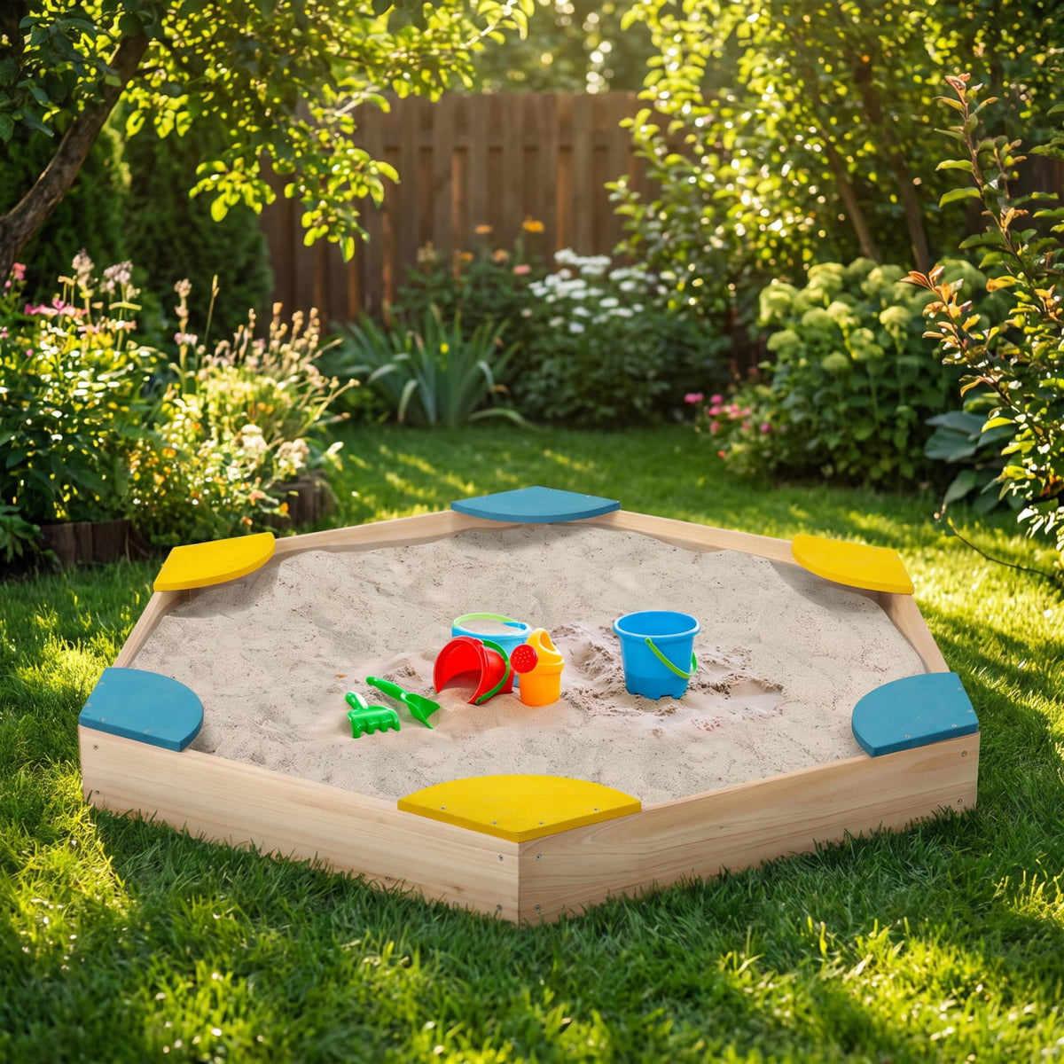 Redsmile Outdoor Solid Wood Sandbox with 6 Built-in Fan-shaped Seats for Kids Backyard Playground Summer Fun