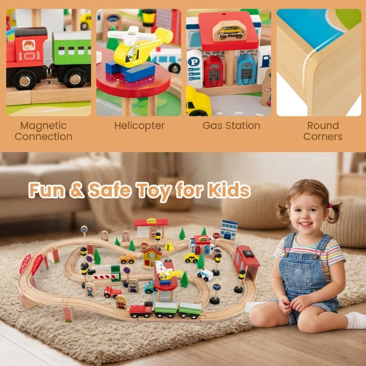 Redsmile 84-Piece Wooden Train Set with Reversible Tabletop and Storage Drawer, Train Set for Kids, Toy Train Set, Train Table with Storage for Toddlers Boys Girls, Christmas Gift, Natural