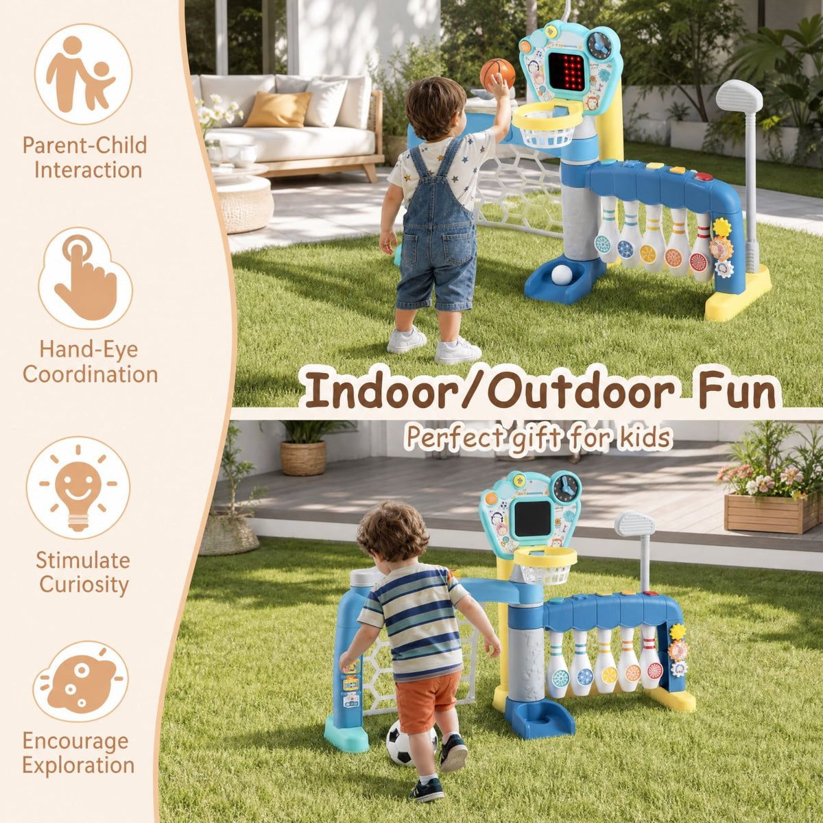 Redsmile 5-in-1 Toddler Sports Toy with Adjustable Basketball Hoop, Baby Sports Center with Soccer Golf Baseball Bowling for Baby Boys Girls 18 Months+, Lights Music, Multicolor