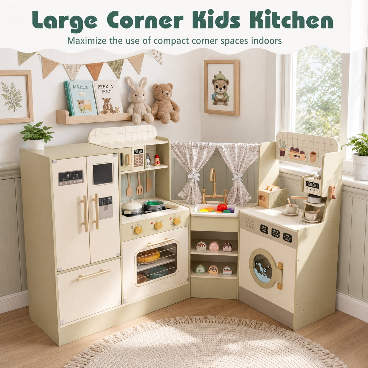 Redsmile Kids Corner Play Kitchen Set for Toddlers 3+ Years, Pretend Play Kitchen with Faucet, Dishwasher, 2 Stoves, Coffee Machine, Refrigerator, Blackboard and 21 Accessories, Green