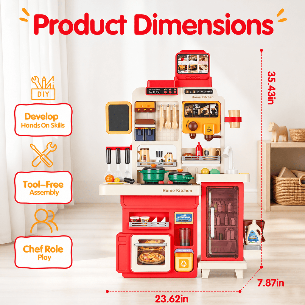 Redsmile Play Kitchen Set with Interactive Menu, Steam Stove, Ice Coffee Maker, Lights, Sounds Music, Apron Set and Food Cards,Pretend Play Toys Gifts for Kids,Red
