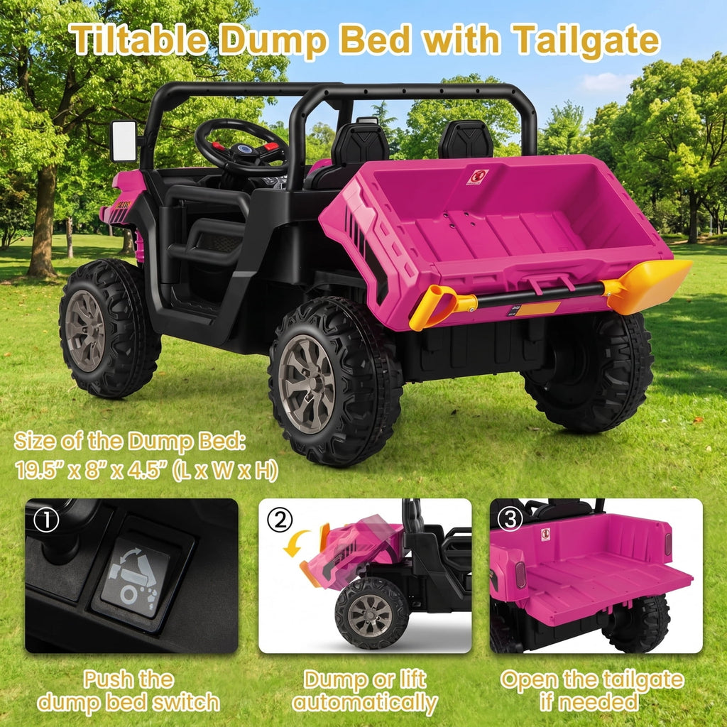 Redsmile 12V 2-Seater Kids Ride On Dump Truck with Working Dump Bed, Detachable Shovel, 2.4G Parental Remote, Spring Suspension, Music USB, Battery Powered, Pink