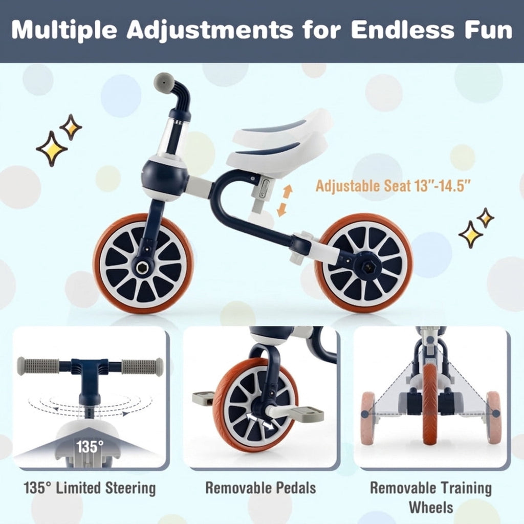 Redsmile Kids Tricycle 4-in-1 Trike Bike for Toddlers Ages 2-4 with Adjustable Parent Push Handle and Seat Height, Carbon Steel Frame Holds 66 lbs, Multicolor