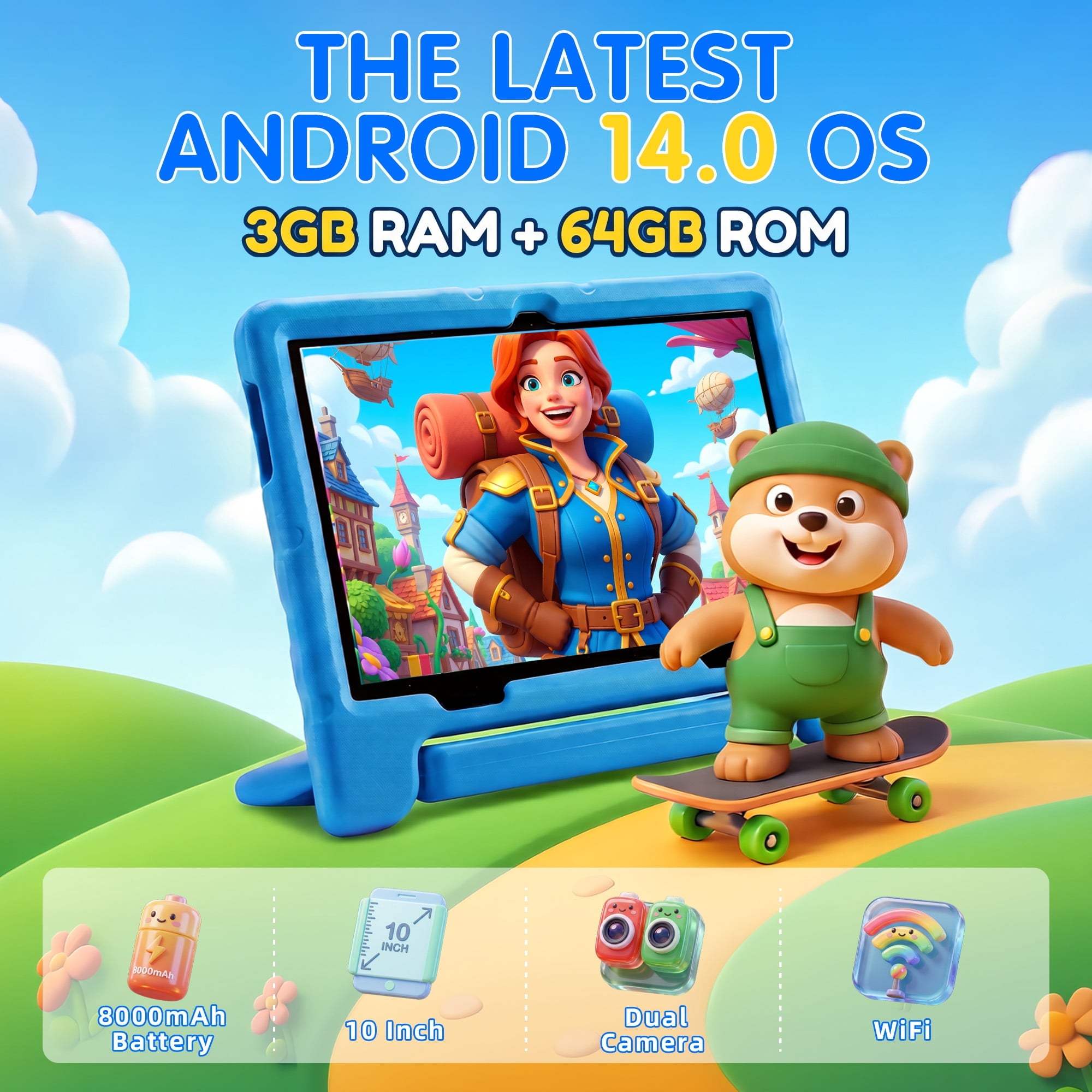 Redsmile Kids Tablet,10 inch Android 14 Tablet for Kids with Case,3GB+64GB,Dual Camera Tablet for Kid, 8000mAh, WiFi,Parental Control,Child Education Tablet,Gift for Boys and Girls,Blue