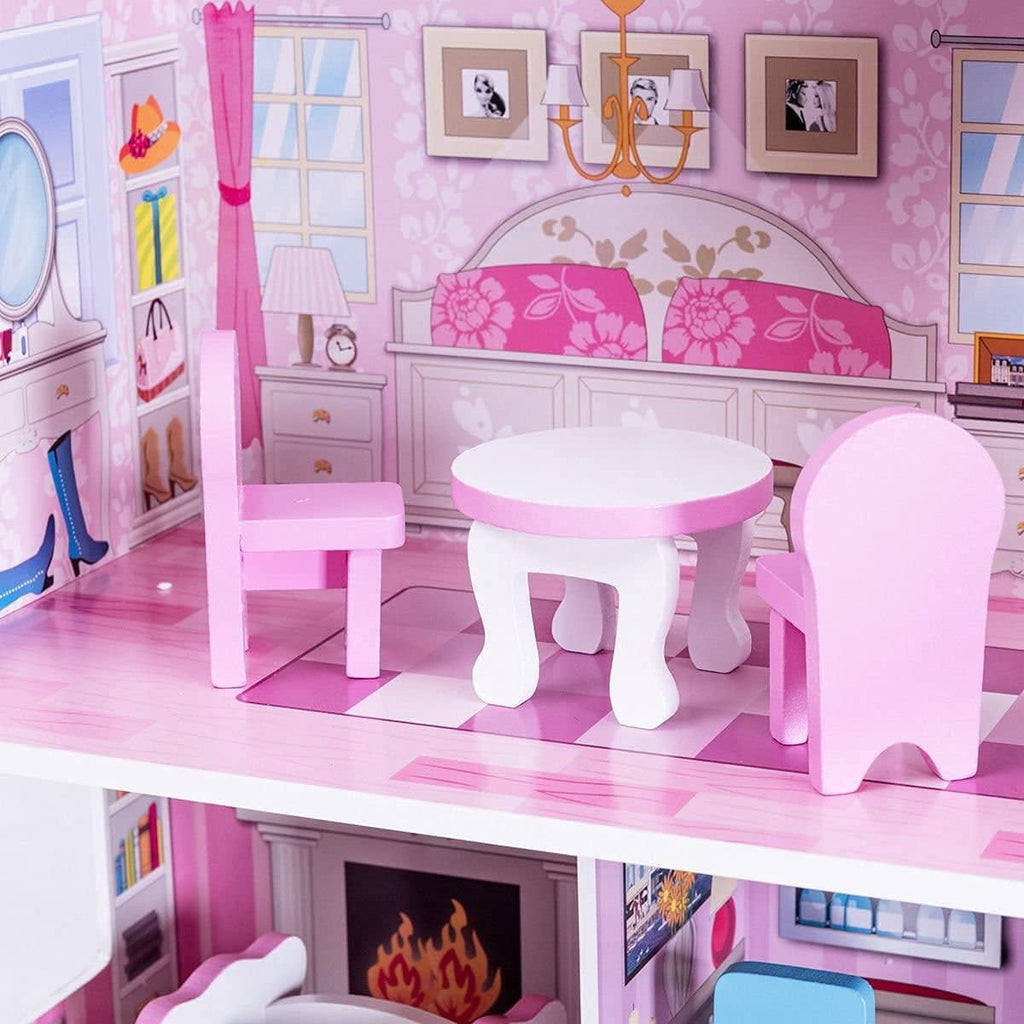 Redsmile Wooden Dollhouse with warm LED Lights, 3-Story Pretend Play Doll House with 16 Furniture and Accessories, DIY Princess Playhouse, Creative Gift for Girls