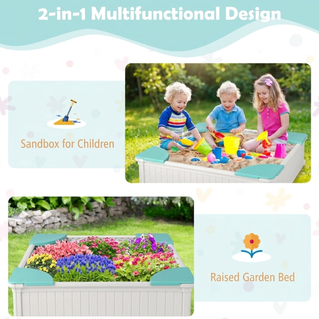 Redsmile Kids Sandbox for Backyard, 48 Inch Outdoor Sandbox with Cover and 4 Corner Seats, Weatherproof Sand Play Box, White